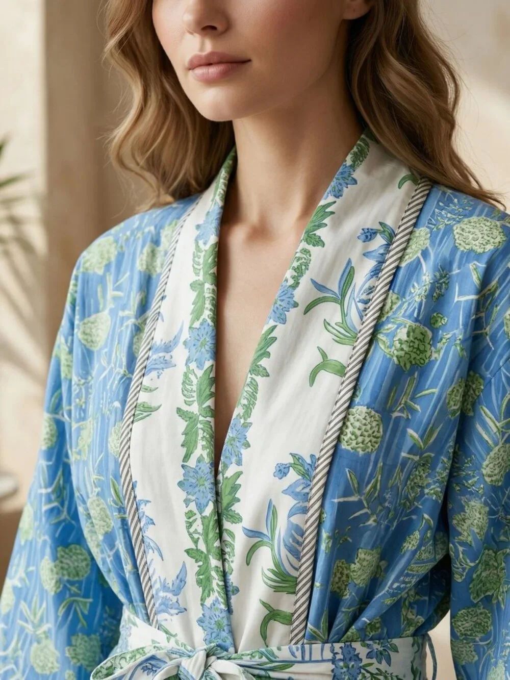 Reversible Cotton Kimono Robe, Hand Block Print Bathrobe, Floral Quilted for Her
